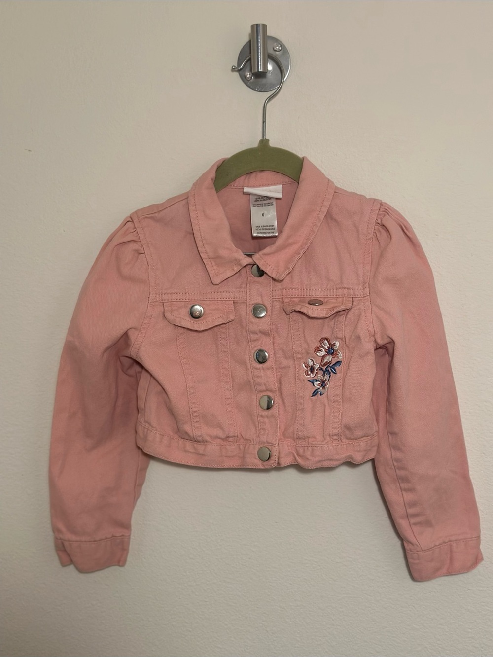 Little Lass Pink Cropped Denim Jacket with Floral Embroidery